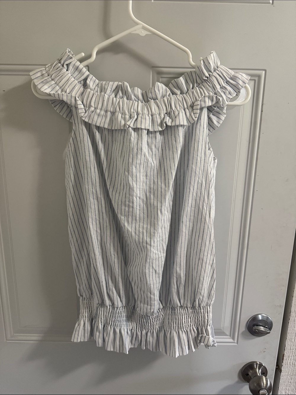 Striped Off-Shoulder Ruffle Tee in White and Blue